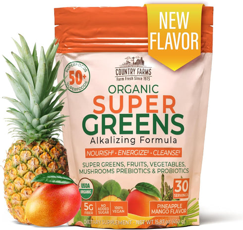 COUNTRY FARMS Super Greens Pineapple-Mango Flavor | 50 Organic Super Foods Drink Mix | Natural Energy, 30 Servings