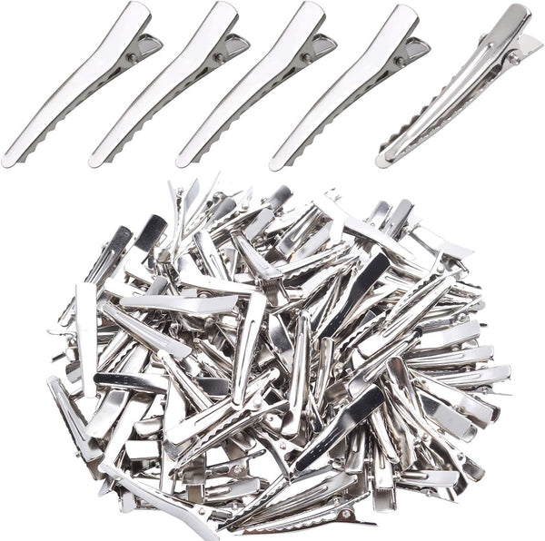 Single Prong Alligator Hairpins, 100 Pieces Silver Metal Curl Crocodile Hair Clips, 34mm for Hair Care Salon DIY Craft