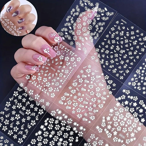 White Flower Nail Stickers, 30 Sheets 3D Self-Adhesive Floral Nail Art Supplies for Women Girls Manicure Tips