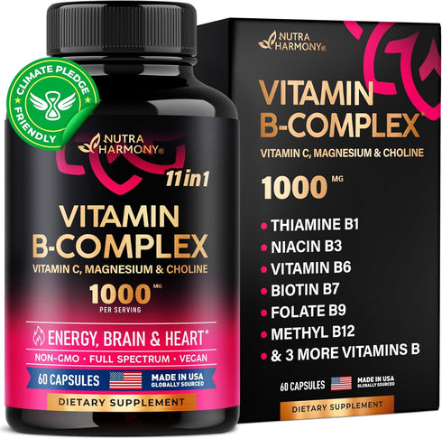 Vitamin B Complex for Men & Women, 60 Vegan Capsules - 11-in-1 B-Complex with Vitamin C, Choline, Inositol for Energy,
