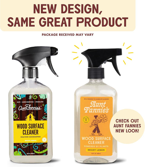 Aunt Fannie's All Purpose Wood Spray Cleaner, No-Wax Formula, Perfect for Wood Tables, Walls, Counters & Shelves, 16.9 Ounces, Lemon Scent (Pack of 1), Packaging May Vary