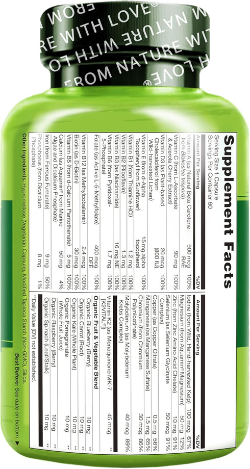 NATURELO One Daily Multivitamin for Women - Energy Support, Whole Food Supplement for Hair, Skin, Nails (60 Capsules,