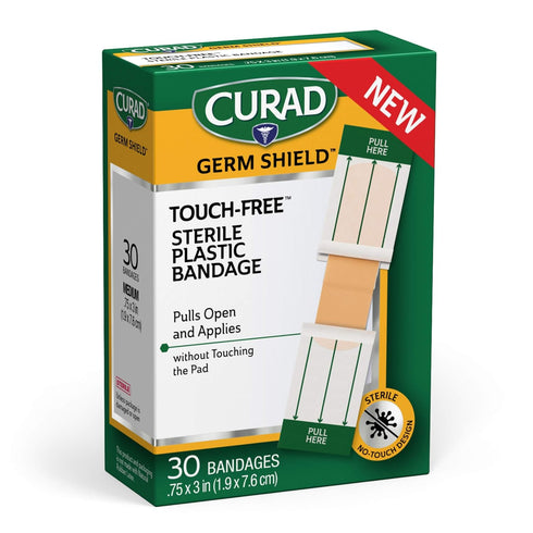 Curad Germ Shield Touch-Free Adhesive Bandage, Plastic Bandage with Easy Application Wrapper.75"