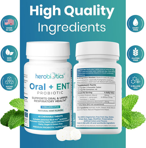Oral Probiotics for Better Breath, Gingivitis, Strep Throat, Tonsil Stones - 6 Bn CFU Chewable Tablets with