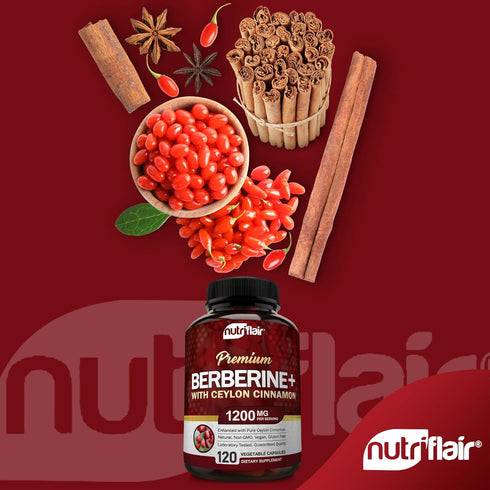NutriFlair Premium Berberine HCL 1200mg, 120 Capsules - plus Pure True Ceylon Cinnamon, Berberine HCI Root Supplements Pills - immune system, healthy weight management