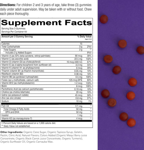 SmartyPants Toddler Multivitamin Gummies: Omega 3 Fish Oil (EPA/DHA), Vitamin D3, C, Vitamin B12, B6, Vitamin A, K & Zinc, Gluten Free, Three Fruit Flavors, 180 Count (60 Day Supply)