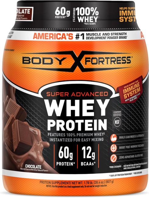 Body Fortress Super Advanced Whey Protein Powder, Chocolate, Immune Support with Vitamins C & D Plus Zinc, 1.78 lbs