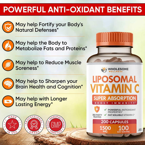 Wholesome Wellness Liposomal Vitamin C Capsules - 200 Pills 1500mg Buffered, High Absorption Immune Support