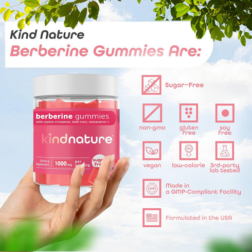 Kind Nature 1000mg Berberine Gummies, Sugar Free with Ceylon Cinnamon & Beet Root - Non GMO, 3rd Party Tested