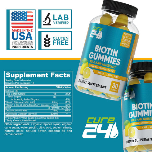 Biotin Gummies with Vitamin C, E, Collagen, and Zinc for Hair Growth, Nail, Skin Support, Made in USA