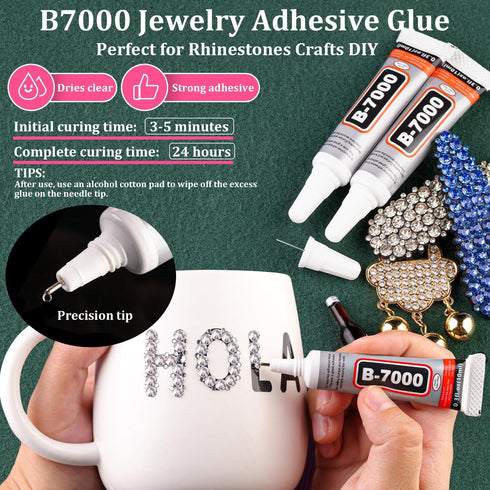 Resin Rhinestones for Crafting with B7000 Jewelry Glue, 2 Boxes Clear FlatBack Crystals with 3Pcs Glue