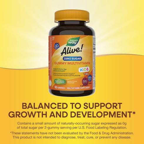 Gummy 2+, Immune 60 Gummies Natures Way Alive! Kids Zero Sugar Multivitamins, for Kids Ages Supports Bone, Eye