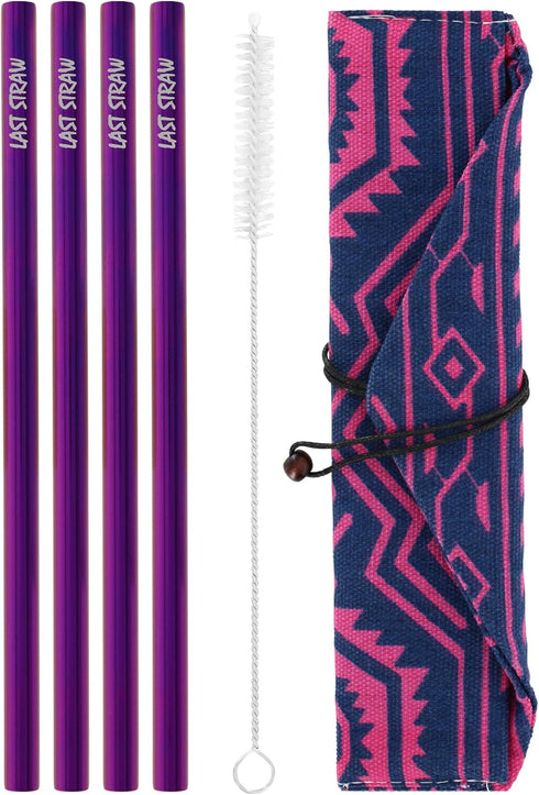 LAST STRAW Geometric Roll Bag Collection – Stainless Steel Purple Cocktail Straws and Brush in Rollbag