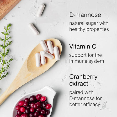 D-Mannose 1000mg Capsules, 60 Capsules, D Mannose with Cranberry Extract and Vitamin C, Vegan & Non-GMO
