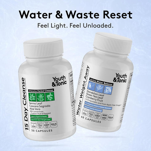 Reset 15 90 Youth & Tonic Water & Waste Water Weight Away & Day Cleanse Pills for Digestive Cleanse, Fluid Retention