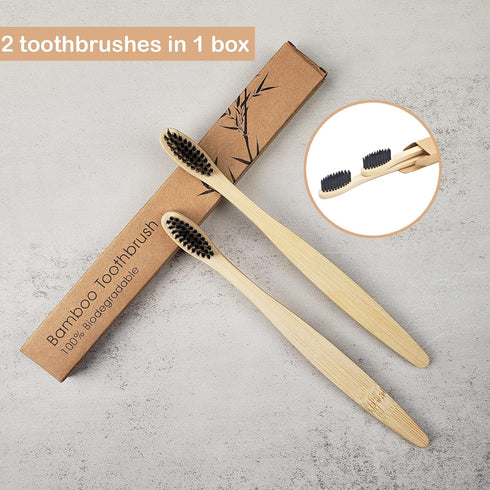 2 PCS Bamboo Toothbrushes - Soft Bristles Wooden Toothbrushes for Adults, Natural Biodegradable BPA Free Black