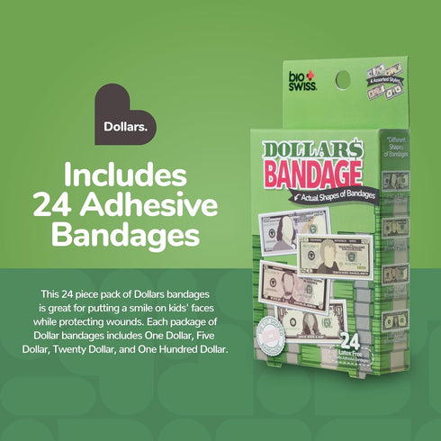 Set, 24 Count BioSwiss Bandages, Money Shaped Self Adhesive Bandage Latex Free, Sterile Wound Care