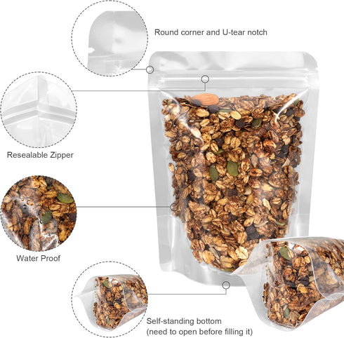 Blisstime 50 Pack Stand Up Pouch Bags, Resealable Clear Self-seal Pouches for Food Packing (7 X 10.2 Inches)