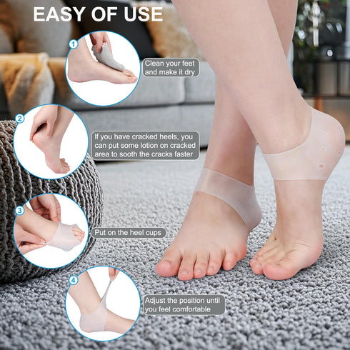 Silicone Heel Protectors for Cracked Heels, Heel Spurs, Plantar Fasciitis - Gel Heel Pads, 4 Pairs, Unisex, Black and