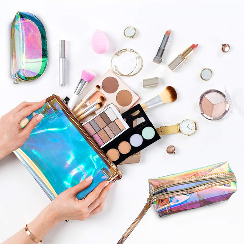 Weewooday 3 Pieces Iridescent Makeup Bag, Holographic Cosmetic Toiletries Pouch, Portable Waterproof Travel Organizer