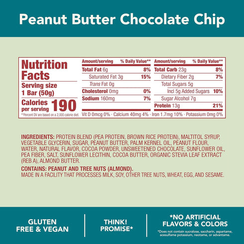 think! Vegan High Protein Bars, Peanut Butter Chocolate Chip, 13g Protein, 10 Count, Non-GMO, No Artificial Sweeteners