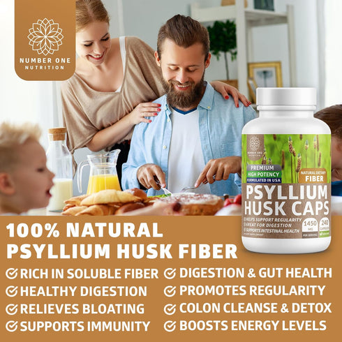 N1N Premium Psyllium Husk Capsules - All Natural 1450 MG Soluble Fiber Supplement, 240 Caps