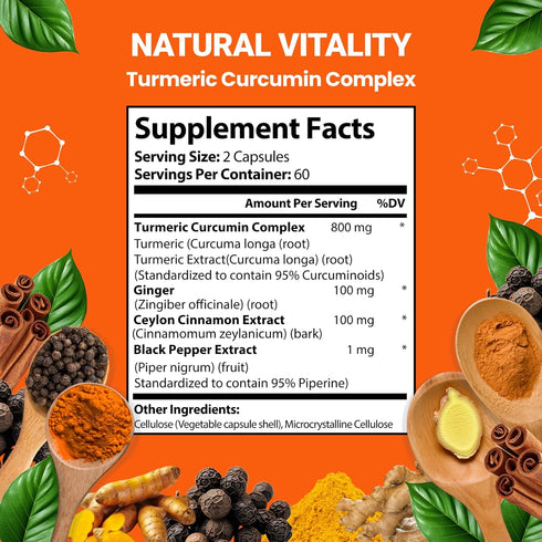 Turmeric Curcumin Supplement 5 in 1 Formula with Ginger, Ceylon Cinnamon, Black Pepper, 1000 mg, 120 Capsules