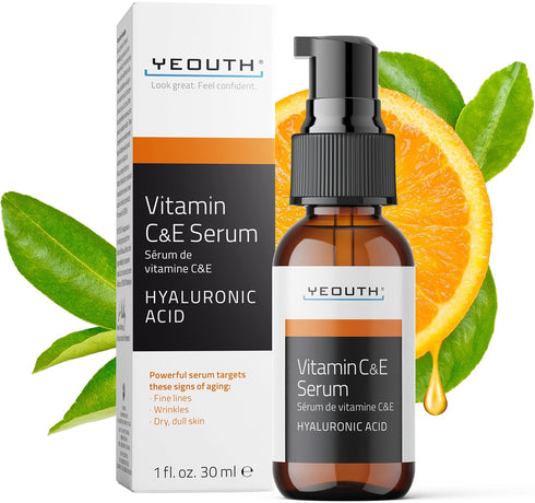 YEOUTH Vitamin C Face Serum 1oz with Hyaluronic Acid, Hydrating for Dull Spots