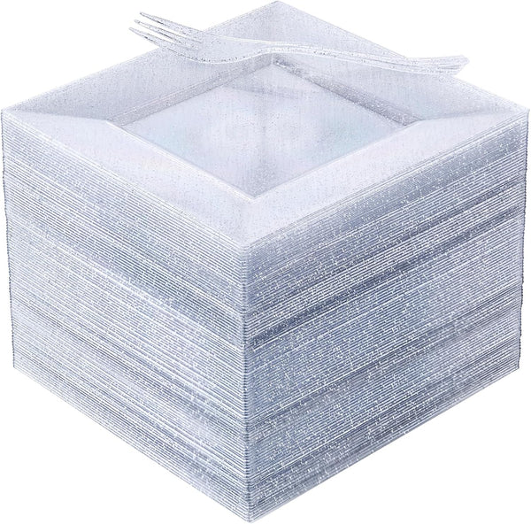 DaYammi 100 Pcs Silver Glitter Dessert Plates, 6" with 50 Plastic Forks, Fancy Gold Plates for 50 Guests