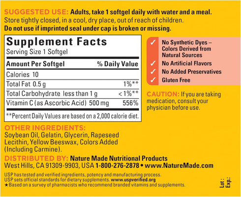 Nature Made Vitamin C 500 mg, Dietary Supplement for Immune Support, 60 Softgels