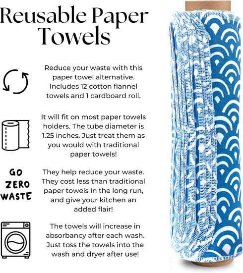 Reusable Paper Towels Roll - Washable Cotton Flannel Towels with Cardboard Roll, Fits on All Holders, Waves, 12 Towels