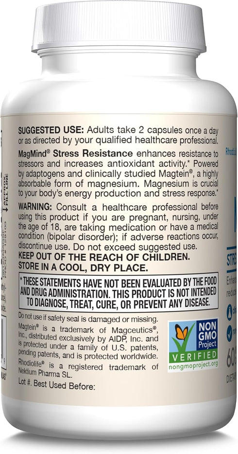 Jarrow Formulas MagMind Stress Resistance - 1g Magtein, L-Theanine, Rhodiolife, 60 Veggie Capsules, 30 Day Supply
