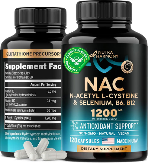 NAC Supplement with Selenium, B6, B12 - Antioxidant Immune Support, 600 mg per Capsule, 1200 mg per Serving, 2 Month