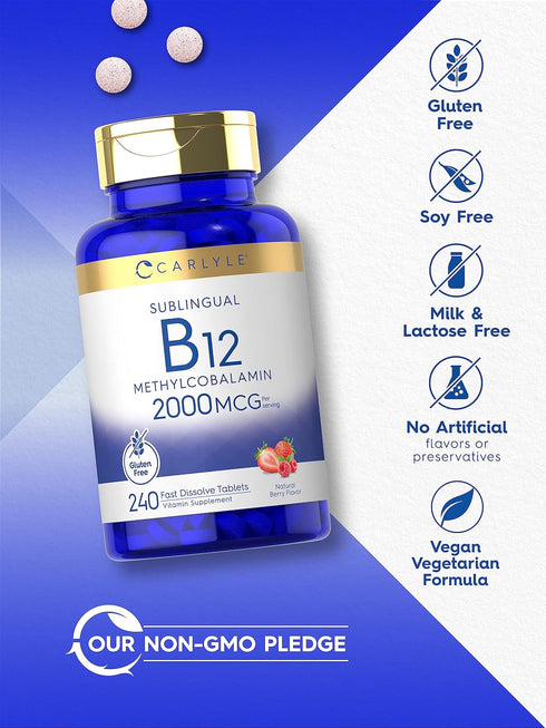 Carlyle Vitamin B-12, 2000mcg, 240 Fast Dissolve Tablets, Methylcobalamin, Natural Berry Flavor, Vegetarian, Non-GMO &