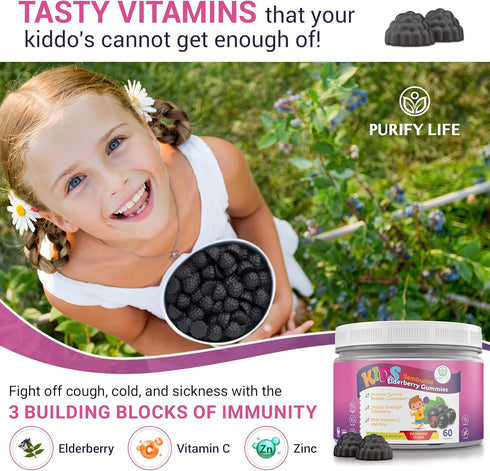 Sugar-Free Kids Elderberry Gummies with Vitamin C & Zinc - Daily Immune Support Gummies for Respiratory Health