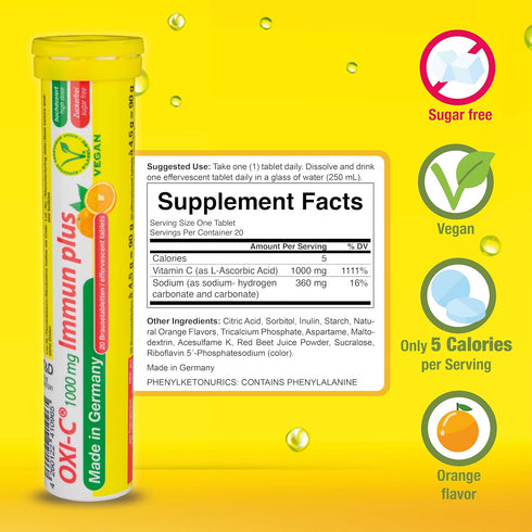 T&D Oxi C 1000 mg Vitamin C - 40 Vegan Drink Effervescent Tablets - Orange Flavor - Made in Germany