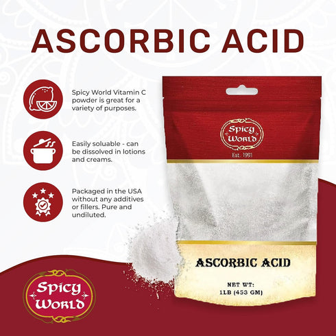 Ascorbic Acid Vitamin C Powder 1 LB - Dietary Supplement, Pure VIT C Powder USP by Spicy World
