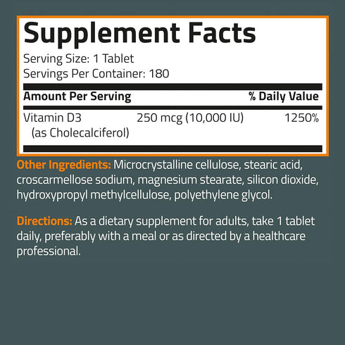 Bronson Vitamin D3 10,000 IU (250 MCG), 180 Tablets for Healthy Muscle Function & Immune Support, Non-GMO