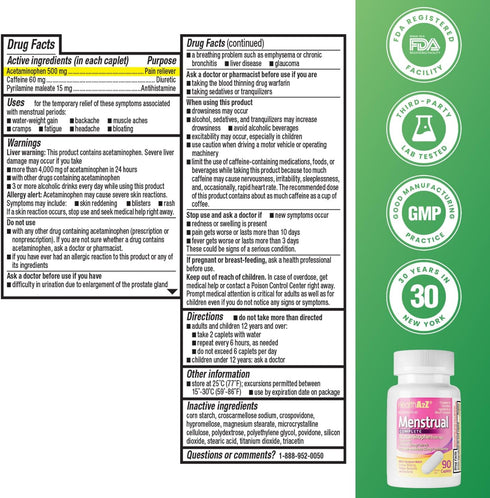 HealthA2Z (90 Counts) Menstrual Complete Pain Relief Tablets | Relieves Cramps, Bloating, Fatigue, Backache & Headache