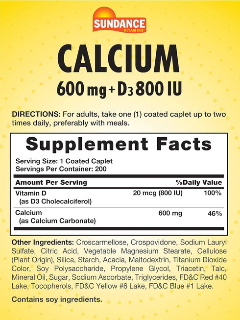 Sundance Calcium with Vitamin D3 | 600mg | 200 Caplets | Vegetarian, Non-GMO, and Gluten Free Supplement