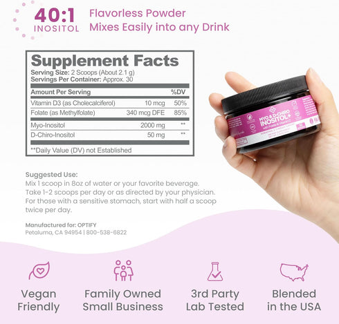 Optify Myo-Inositol & D-Chiro Inositol Supplement Powder for Women – 40:1 Ratio Plus Folate and Vitamin D, 30-Day Supply
