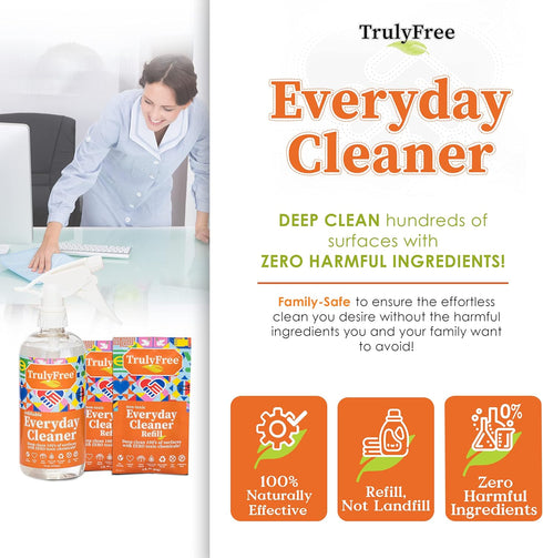 Everyday Cleaner - All Purpose Natural Spray, Household Cleaning Supplies - 16oz Empty Bottle, 2 Refills (3 oz each)