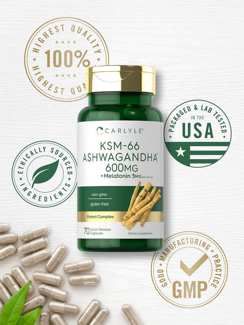 Carlyle KSM-66 Ashwagandha Capsules 600mg | 70 Count | Potent Complex with 5mg Melatonin, Non-GMO
