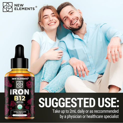 Liquid Iron Supplement for Women & Men - 2 Fl Oz - with Vitamin B12 5000mcg, Natural Grape Flavor, Blood Builder for