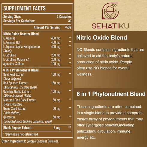 Nitric Oxide Supplement 2255 MG, Booster & 6-in-1 Phytonutrient Blend for Heart & Immune Support - 90 Capsules