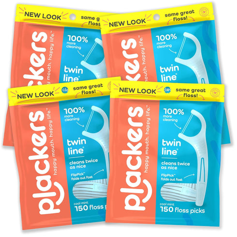 Plackers Twin-Line Dental Flossers, Advanced Whitening, Dual Action Flossing, 600 Count (Pack of 4), Cool Mint Flavor