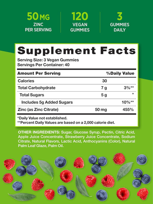 Zinc Gummies for Adults | 50mg | 120 count | Vegan, Non-GMO & Gluten Free Supplement | Mixed Berry Flavor | by Nature's Truth