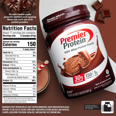 Premier Protein Powder, Chocolate Milkshake, 30g Protein, 1g Sugar, 17 Servings, Gluten Free