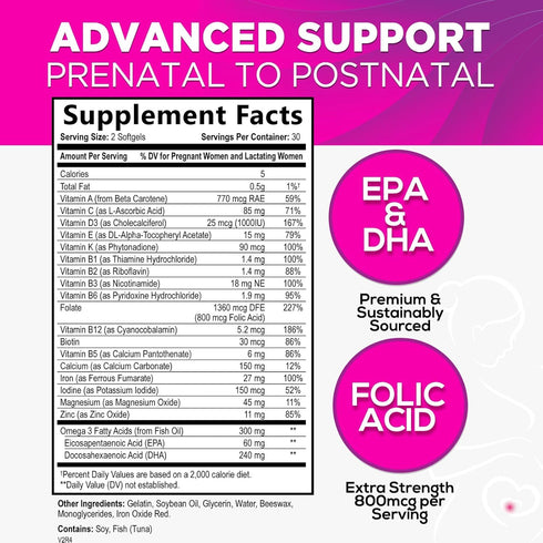 Women's Prenatal Multivitamin with Folic Acid + DHA, Prenatal Vitamin Supplement for Fetal Support w/ Folate, Omega 3, Vitamins D3, B6, B12 & Iron, Pregnancy Prenatal DHA, Non-GMO - 60 Softgels