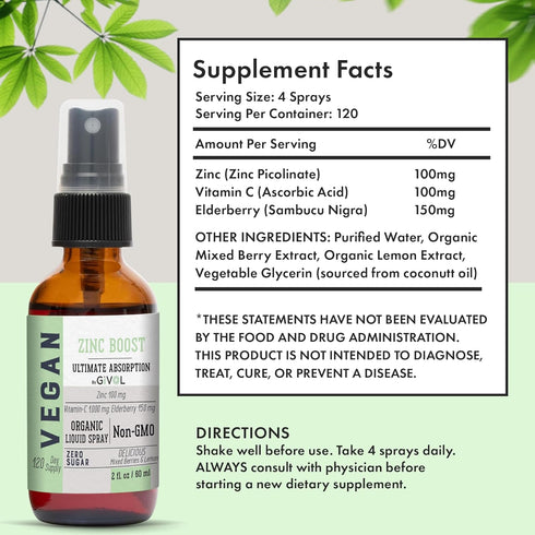 Organic ZINC Boost Mist 100 g (Extra Strength) - Sugar Free with Vitamin C and Elderberry Extract, Vegan Spray
